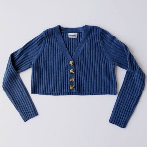 Urban Outfitters Rose Chunky Ribbed Cropped Cardigan, Size Large, Color Navy - Picture 1 of 9